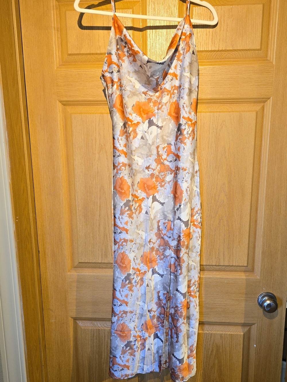 Floral Satin Slip Maxi Dress in Orange and Gray
